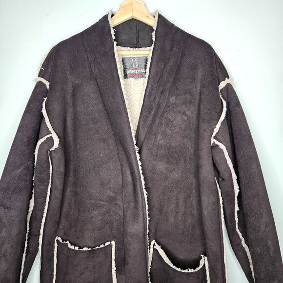 Pete & Greta JOHNNY WAS Coat M Sherpa Lined Brown Snap Closure Embroidered Long - Picture 3 of 11